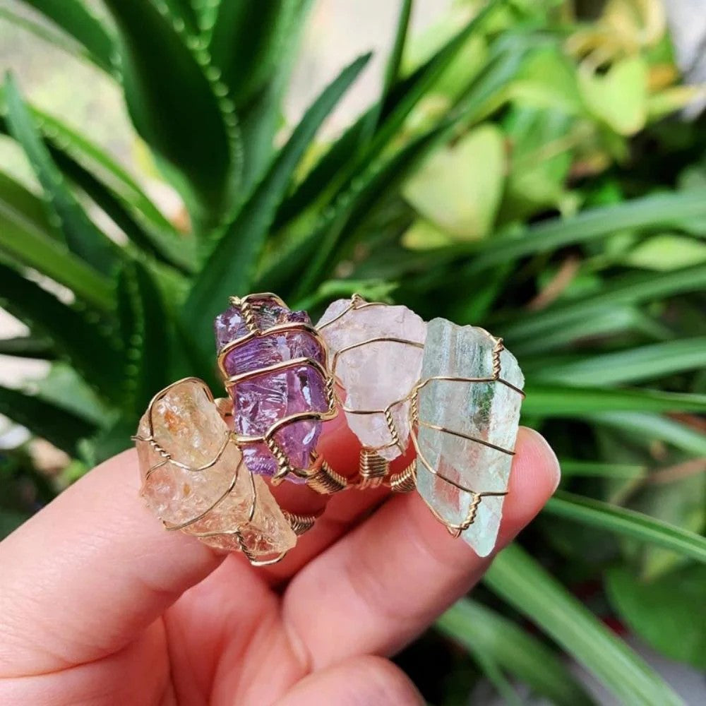 Raw Stone Wrapped Crystal Ring Collection