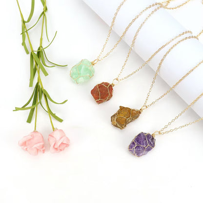 Irregular Natural Crystal Tiger Stone Raw Pendant Handmade Wrapped Stone Necklace