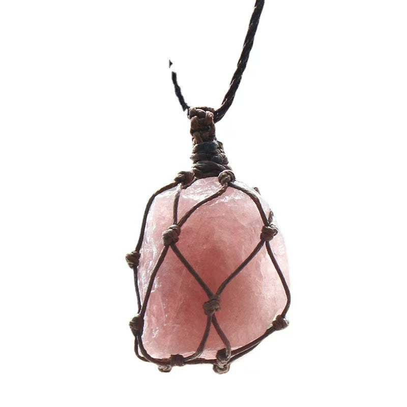 Strawberry quartz Raw stone net bag pendant