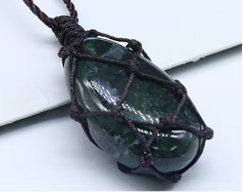 Water Moss Agate Water drop semi-precious stone net bag pendant