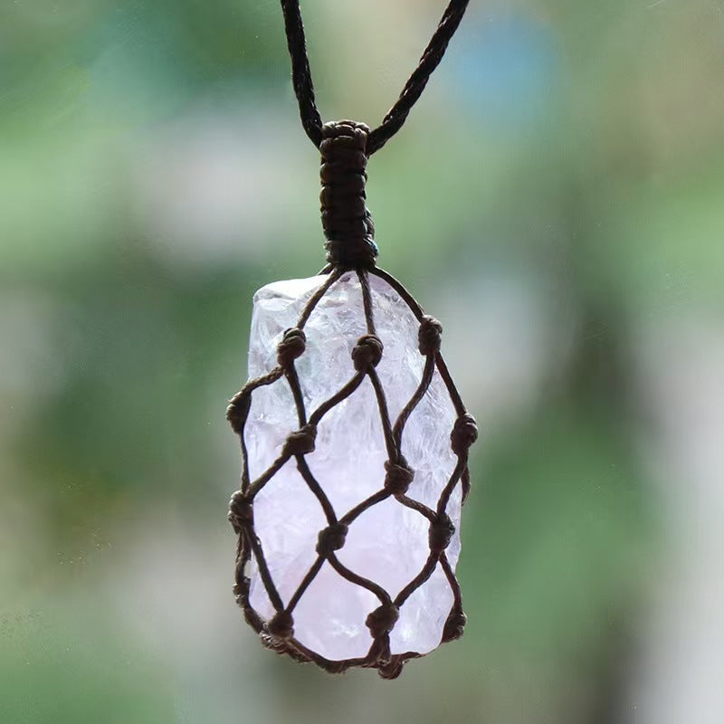 Light Amethyst Raw stone net bag pendant