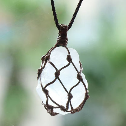 Clear quartz Raw stone net bag pendant