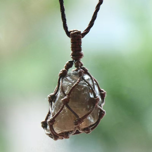 Smoky quartz Raw stone net bag pendant