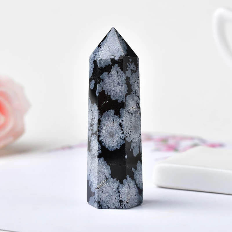 Snowflake Obsidian Quartz Crystal Point Tower