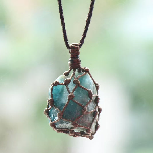 Blue quartz Raw stone net bag pendant