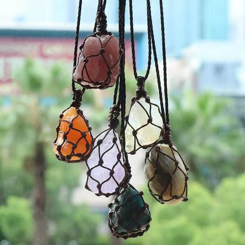 Blue quartz Raw stone net bag pendant