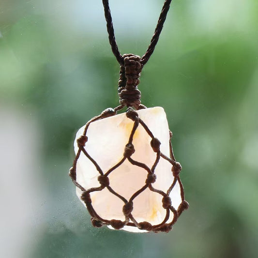 Rose quartz Raw stone net bag pendant