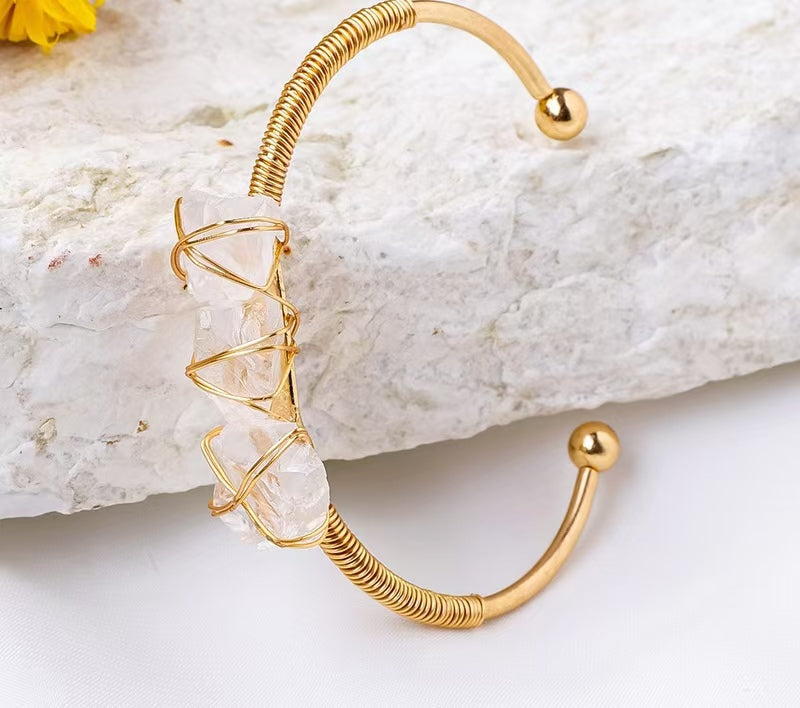 Natural Crystal Raw Stone Wrapped Wire Bracelet